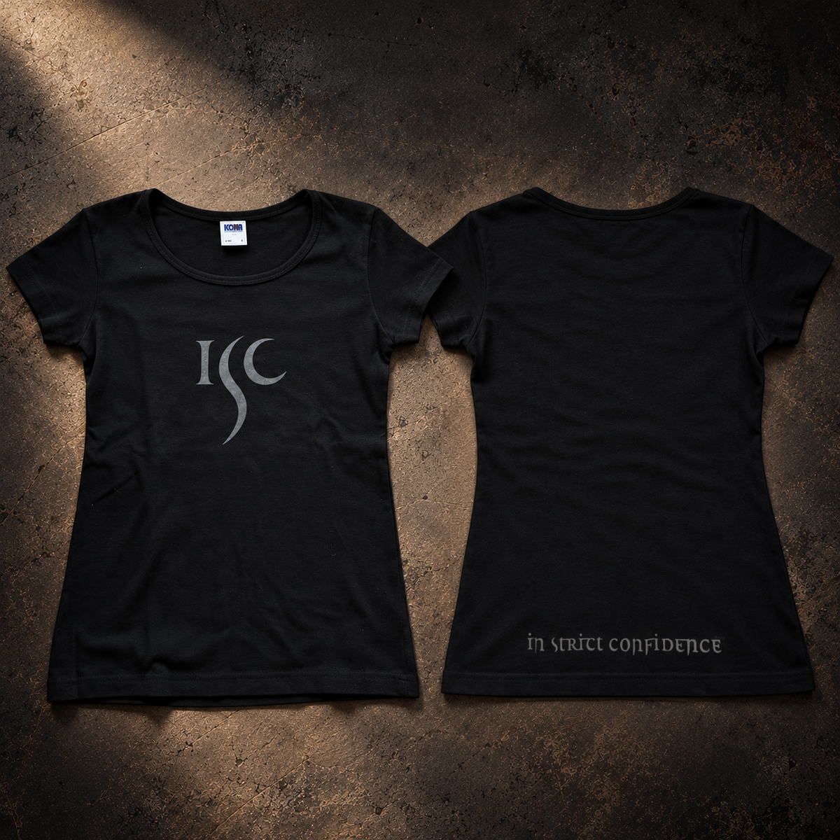 ISC Girlie-Shirt Größe S – Originaldruck vorne und originaler Schriftzug hinten auf dunklem Hintergrund